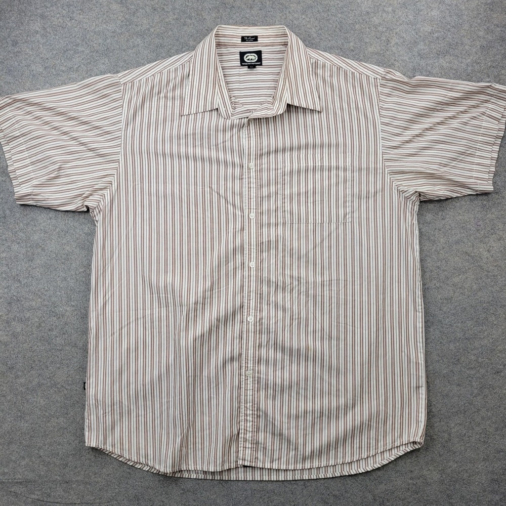 Eckoโ Shirt Mens 3XL Unltd Beige Striped Cotton Button Front Short Sleeve Casual